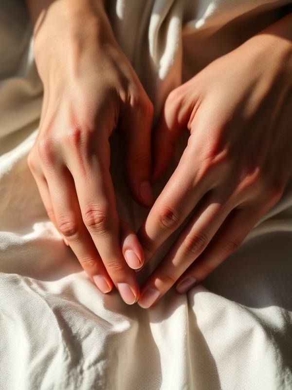 Hands gently resting over white linen fabric