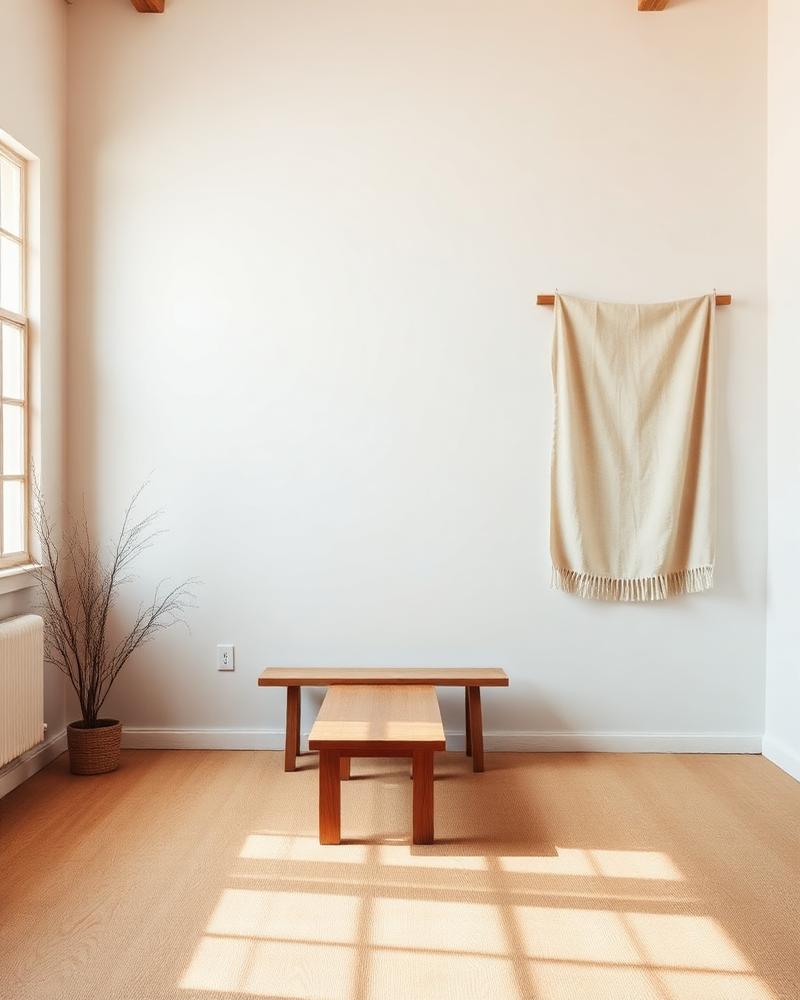 The studio: minimalist warmly lit space with a wooden bench and linen textile